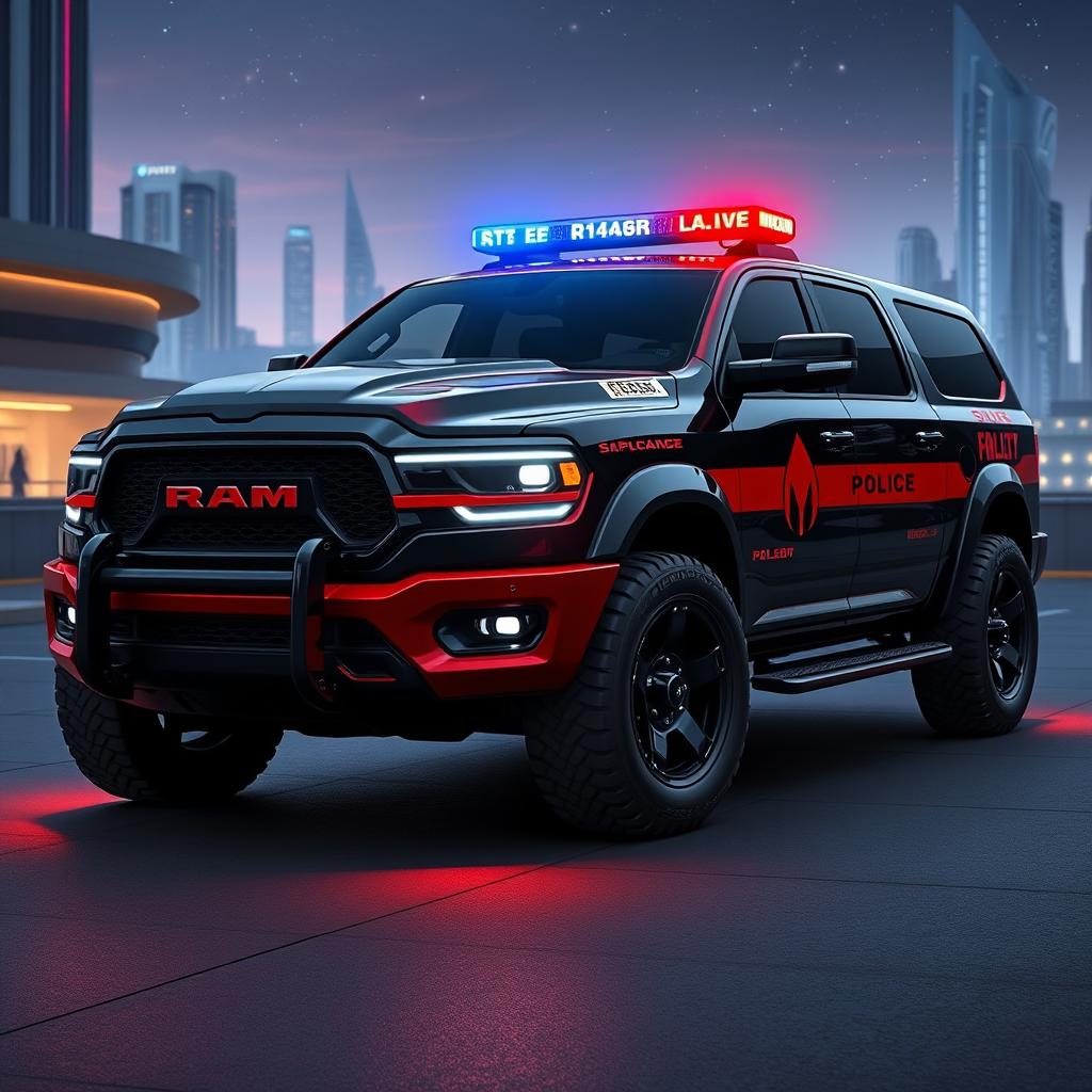 A futuristic police vehicle that combines the design of the new 2025 RAM 3500 with elements of the Star Trek Enterprise