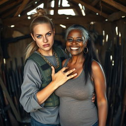 Inside a makeshift hut filled with weapons, a very short and malnourished 40-year-old blonde woman with blue eyes and a fierce, angry expression is portrayed