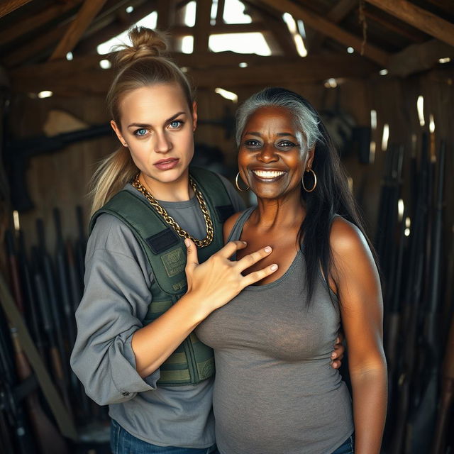 Inside a makeshift hut filled with weapons, a very short and malnourished 40-year-old blonde woman with blue eyes and a fierce, angry expression is portrayed
