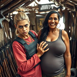 Inside a makeshift hut filled with weapons, a very short and malnourished 40-year-old blonde woman with blue eyes and a fierce, angry expression is portrayed