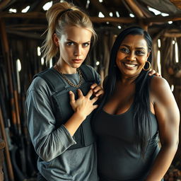 Inside a makeshift hut filled with weapons, a very short and malnourished 40-year-old blonde woman with blue eyes and a fierce, angry expression is portrayed