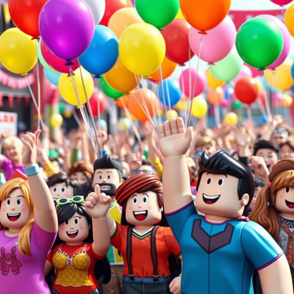 A vibrant scene depicting a crowd of Roblox characters enthusiastically cheering, waving colorful balloons in the air
