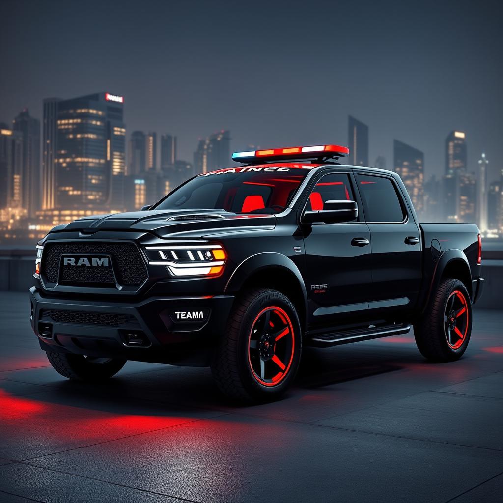 A futuristic police vehicle that seamlessly combines the design of the new 2025 RAM 3500 with elements inspired by the Star Trek Enterprise
