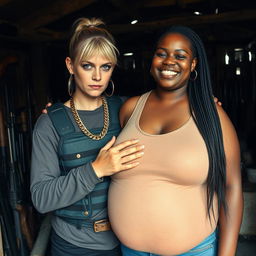 Inside a shack filled with weapons, a very short and malnourished 40-year-old blonde woman with blue eyes and an angry, tough expression is portrayed