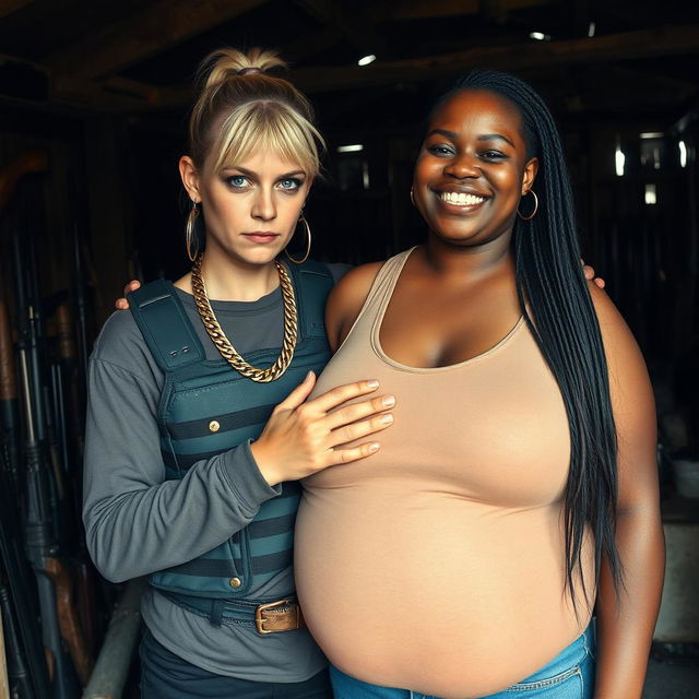 Inside a shack filled with weapons, a very short and malnourished 40-year-old blonde woman with blue eyes and an angry, tough expression is portrayed