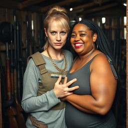 Inside a shack filled with weapons, a very short and malnourished 40-year-old blonde woman with blue eyes and an angry, tough expression is portrayed