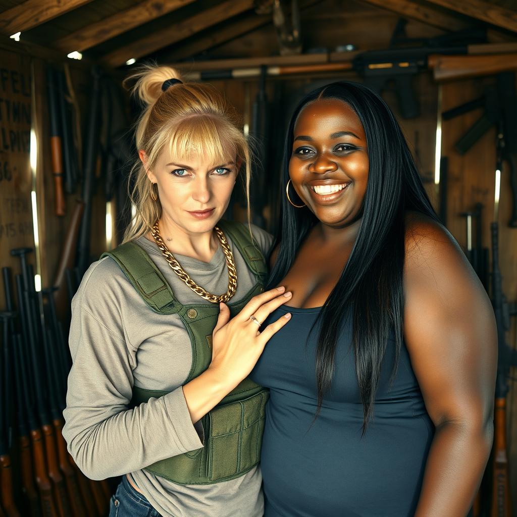 Inside a shack filled with weapons, a very short and malnourished 40-year-old blonde woman with blue eyes and an angry, tough expression is portrayed