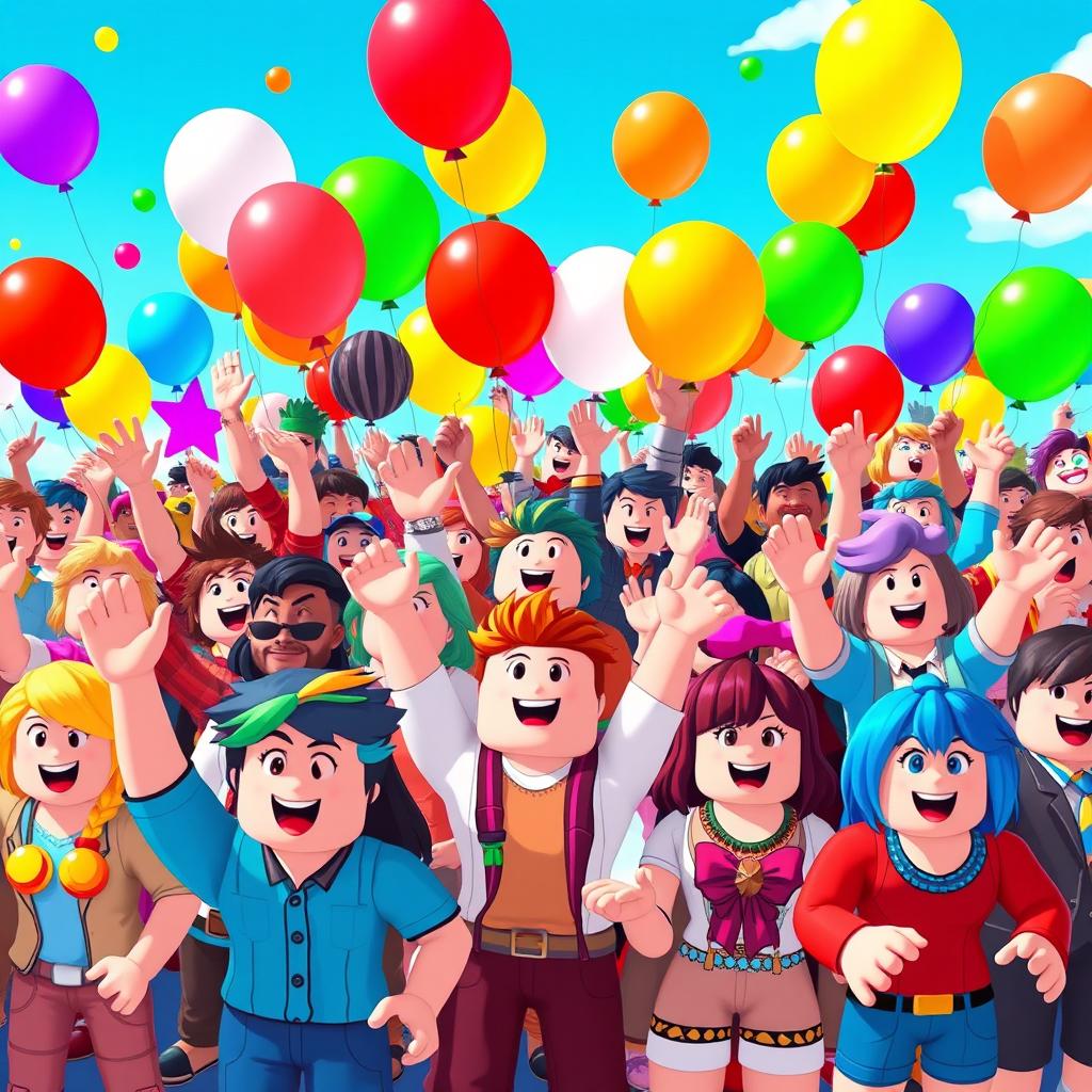 A vibrant scene depicting a colorful crowd of Roblox characters joyfully cheering and celebrating with colorful balloons