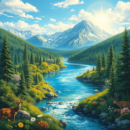 A beautiful landscape painting depicting a pristine and clean Earth, with vibrant green forests, clear blue skies, and crystal-clear rivers