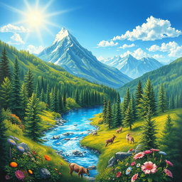 A beautiful landscape painting depicting a pristine and clean Earth, with vibrant green forests, clear blue skies, and crystal-clear rivers
