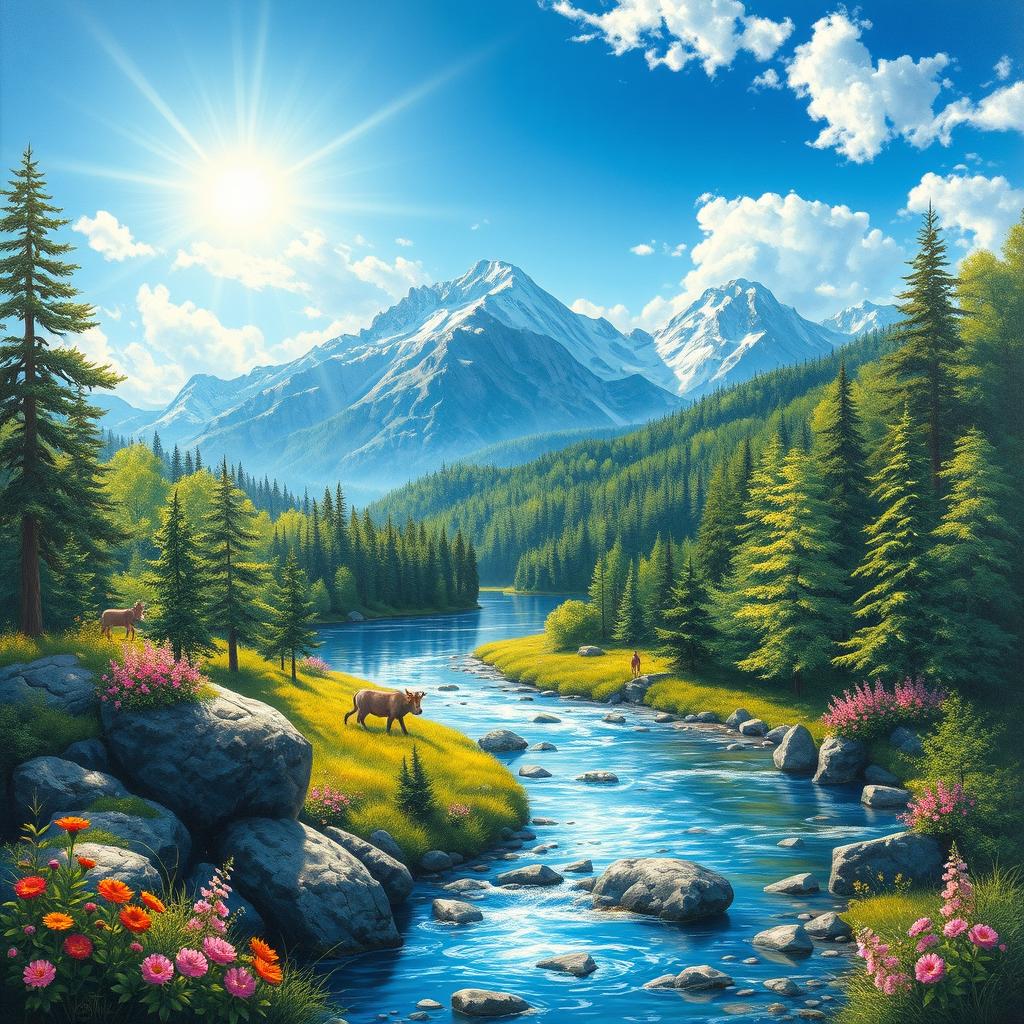 A beautiful landscape painting depicting a pristine and clean Earth, with vibrant green forests, clear blue skies, and crystal-clear rivers