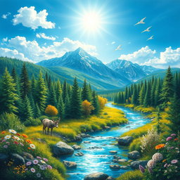 A beautiful landscape painting depicting a pristine and clean Earth, with vibrant green forests, clear blue skies, and crystal-clear rivers