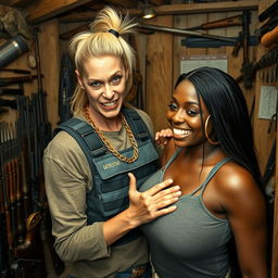 Inside a shack filled with weapons, a very short and malnourished 40-year-old blonde woman with striking blue eyes and an intimidating, fierce expression is depicted gritting her teeth in a menacing way