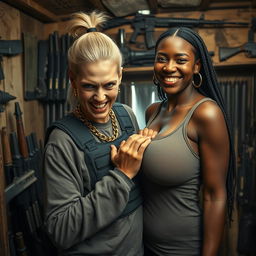 Inside a shack filled with weapons, a very short and malnourished 40-year-old blonde woman with striking blue eyes and an intimidating, fierce expression is depicted gritting her teeth in a menacing way