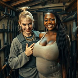 Inside a shack filled with weapons, a very short and malnourished 40-year-old blonde woman with striking blue eyes and an intimidating, fierce expression is depicted gritting her teeth in a menacing way