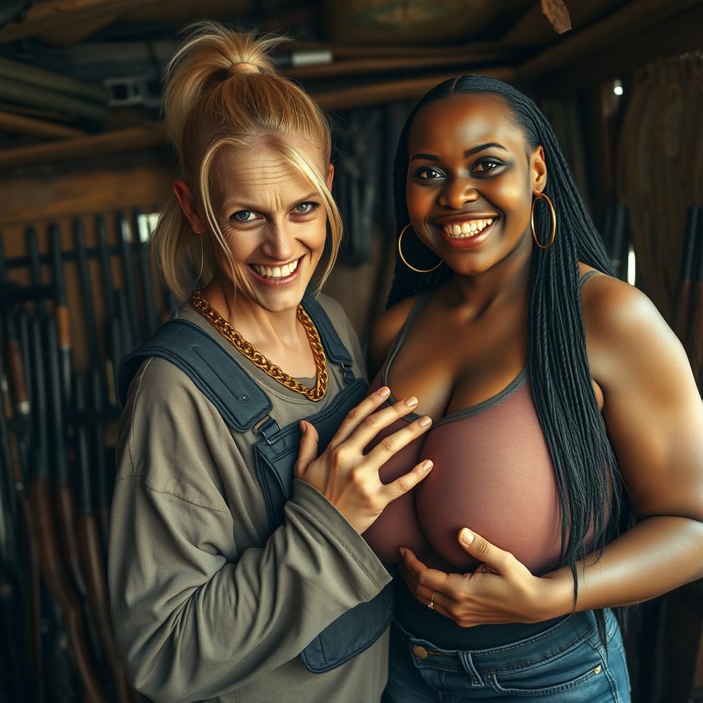 Inside a shack filled with weapons, a very short and malnourished 40-year-old blonde woman with striking blue eyes and an intimidating, fierce expression is depicted gritting her teeth in a menacing way