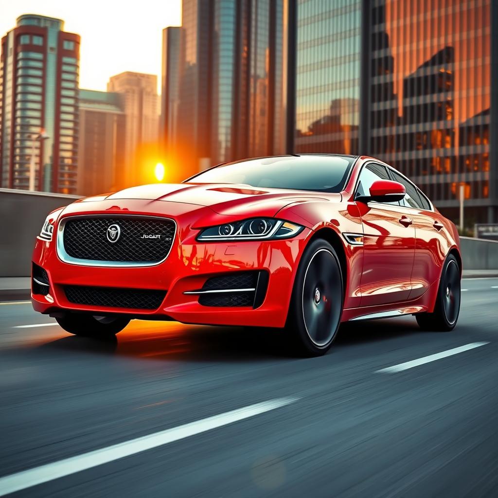 A stunning Jaguar car parked in a sleek urban environment, emphasizing its luxurious design and bold color