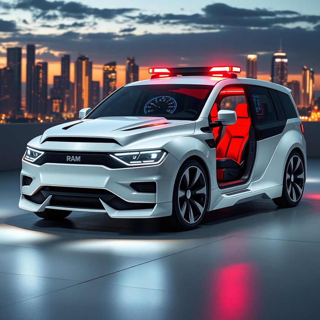 A futuristic police vehicle that merges the design of the new 2025 RAM 3500 with elements inspired by the Star Trek Enterprise