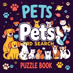An engaging cover for a 'Pets Word Search Puzzle Book'