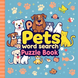 An engaging cover for a 'Pets Word Search Puzzle Book'