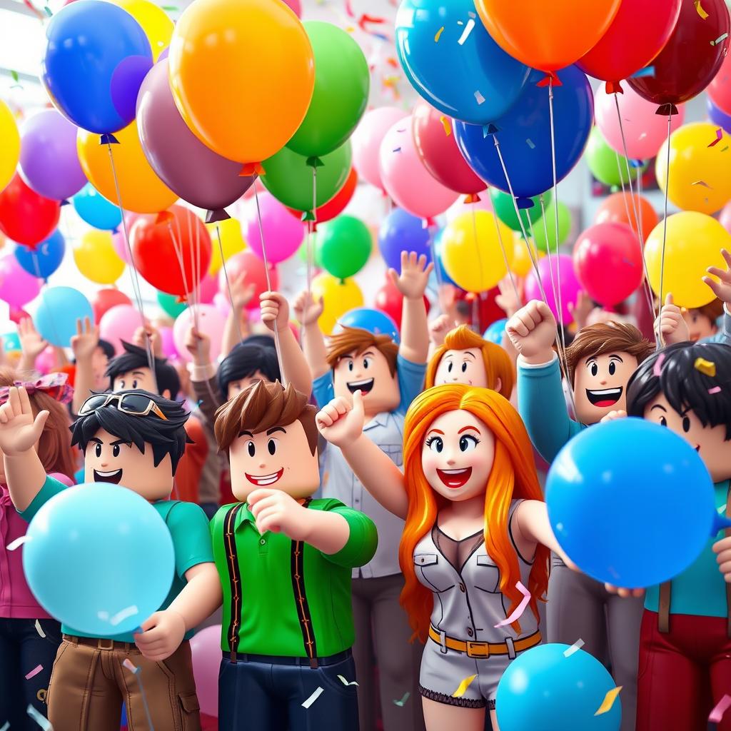 A vibrant and energetic crowd of Roblox characters cheering enthusiastically, each holding colorful balloons of various shapes and sizes