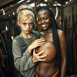 Inside a ramshackle hut filled with weapons, a young, malnourished blonde woman at 18 years old, with striking blue eyes and an evil, fierce expression, is depicted