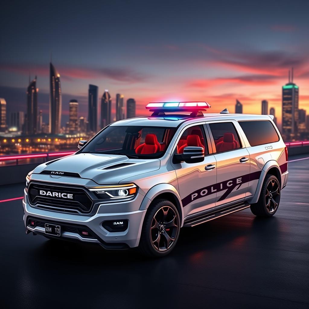 A futuristic police vehicle that combines the robust design of the new 2025 RAM 3500 with the sleek aesthetics of the Star Trek Enterprise