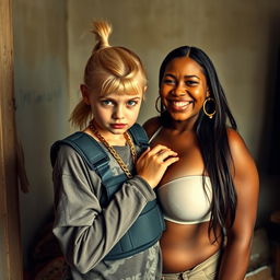 In a poor room, a short and malnourished 18-year-old blonde woman with striking blue eyes and a wicked expression is depicted