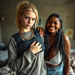 In a poor room, a short and malnourished 18-year-old blonde woman with striking blue eyes and a wicked expression is depicted