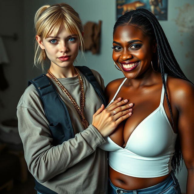 In a poor room, a short and malnourished 18-year-old blonde woman with striking blue eyes and a wicked expression is depicted