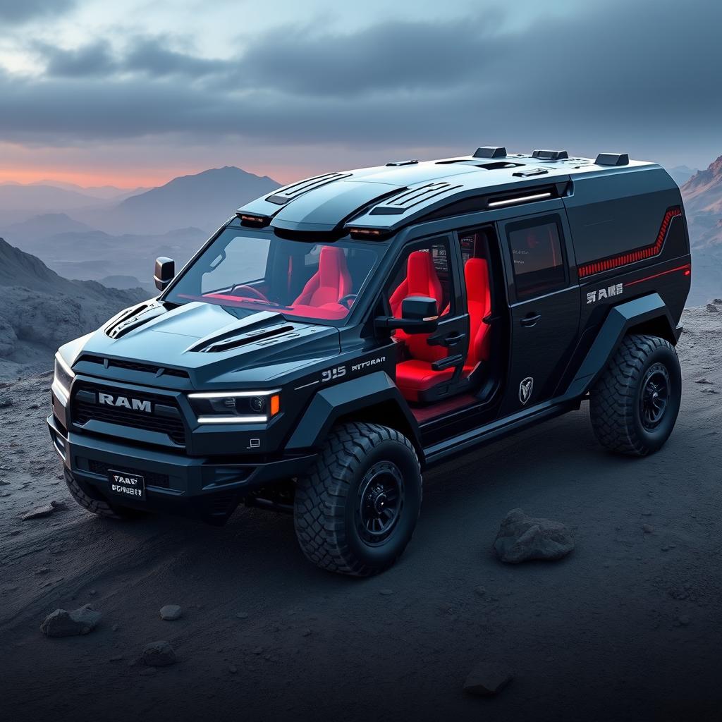 A futuristic military vehicle that blends features of the new 2025 RAM 3500 and the iconic Star Trek Enterprise
