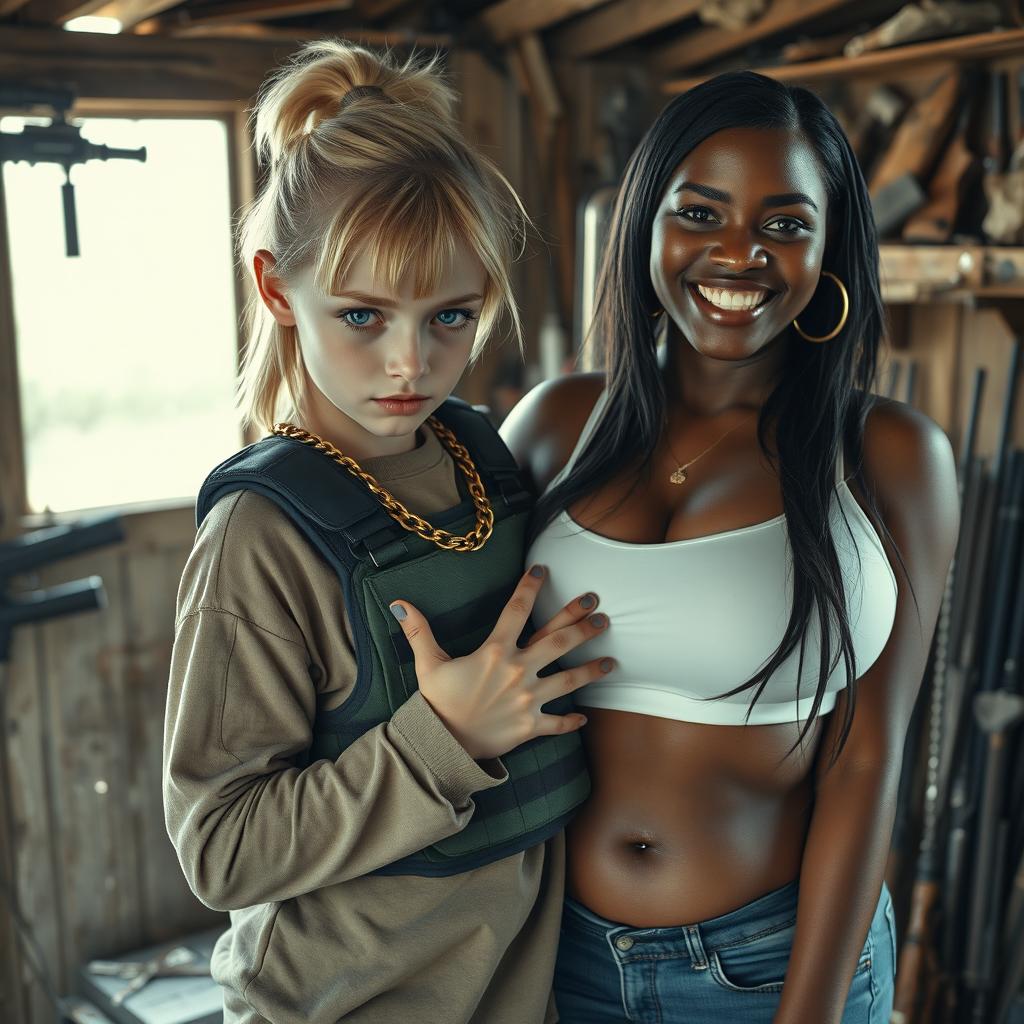 Inside a rundown shack filled with weapons, a young and extremely short, malnourished 18-year-old blonde woman with striking blue eyes and an evil expression is depicted