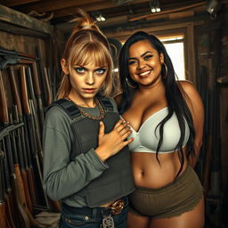 Inside a rundown shack filled with weapons, a young and extremely short, malnourished 18-year-old blonde woman with striking blue eyes and an evil expression is depicted