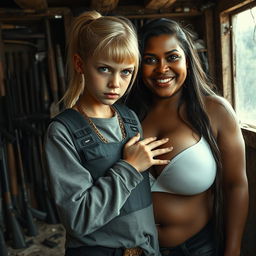 Inside a rundown shack filled with weapons, a young and extremely short, malnourished 18-year-old blonde woman with striking blue eyes and an evil expression is depicted