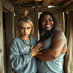 Inside a small, rundown shack, a 25-year-old blonde woman with striking blue eyes portrays a fierce expression, resembling a tough outlaw filled with anger