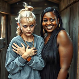 Inside a small, rundown shack, a 25-year-old blonde woman with striking blue eyes portrays a fierce expression, resembling a tough outlaw filled with anger