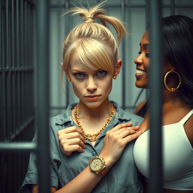 Inside a prison cell, a short and malnourished 20-year-old blonde woman with striking blue eyes and a wicked expression is portrayed