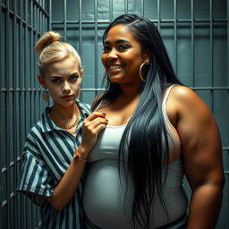 Inside a prison cell, a young blonde woman, 20 years old, is portrayed as short and malnourished with striking blue eyes and a sinister demeanor