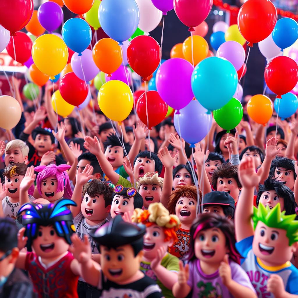 A vibrant scene of a Roblox crowd cheering enthusiastically at an event, with colorful balloons of various shapes and sizes floating in the air