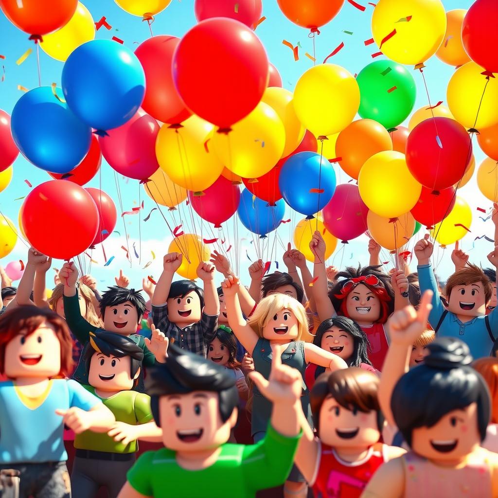 A vibrant scene of a Roblox crowd celebrating joyfully, filled with colorful balloons in the air