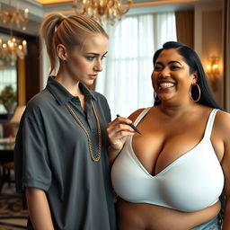 Inside a luxurious hotel, a scene featuring a young, slender blonde woman with blue eyes, around 20 years old, wearing a loose men's polo shirt and a thick gold hip-hop chain, looking mischievous