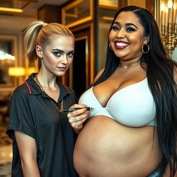 Inside a luxurious hotel, a scene featuring a young, slender blonde woman with blue eyes, around 20 years old, wearing a loose men's polo shirt and a thick gold hip-hop chain, looking mischievous