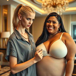 Inside a luxurious hotel, a scene featuring a young, slender blonde woman with blue eyes, around 20 years old, wearing a loose men's polo shirt and a thick gold hip-hop chain, looking mischievous