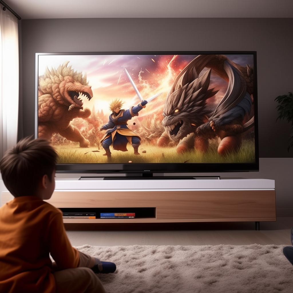 An intricately detailed anime battle scene is playing on a modern, flatscreen TV in a cozy, realistic living area. A young boy is depicted watching, completely engrossed by the dynamic fight on screen.