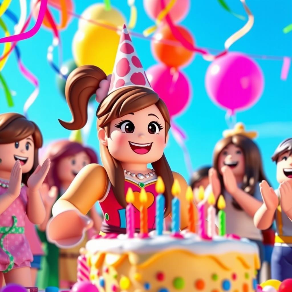 A joyful scene of a Roblox girl celebrating her birthday, surrounded by colorful decorations and festive elements