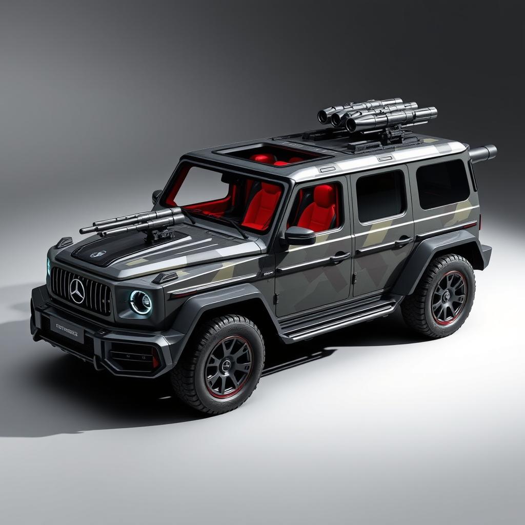 A futuristic military vehicle that intricately blends the rugged design of the new Mercedes Benz G63 with the iconic aesthetics of the Star Trek Enterprise