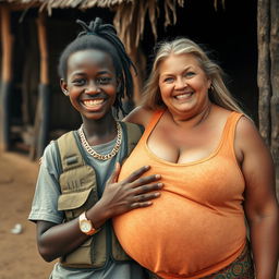 In an African village, a dynamic scene captures a 20-year-old young African woman, very short and appearing malnourished, with dark skin and a wide smile showcasing somewhat unkempt teeth
