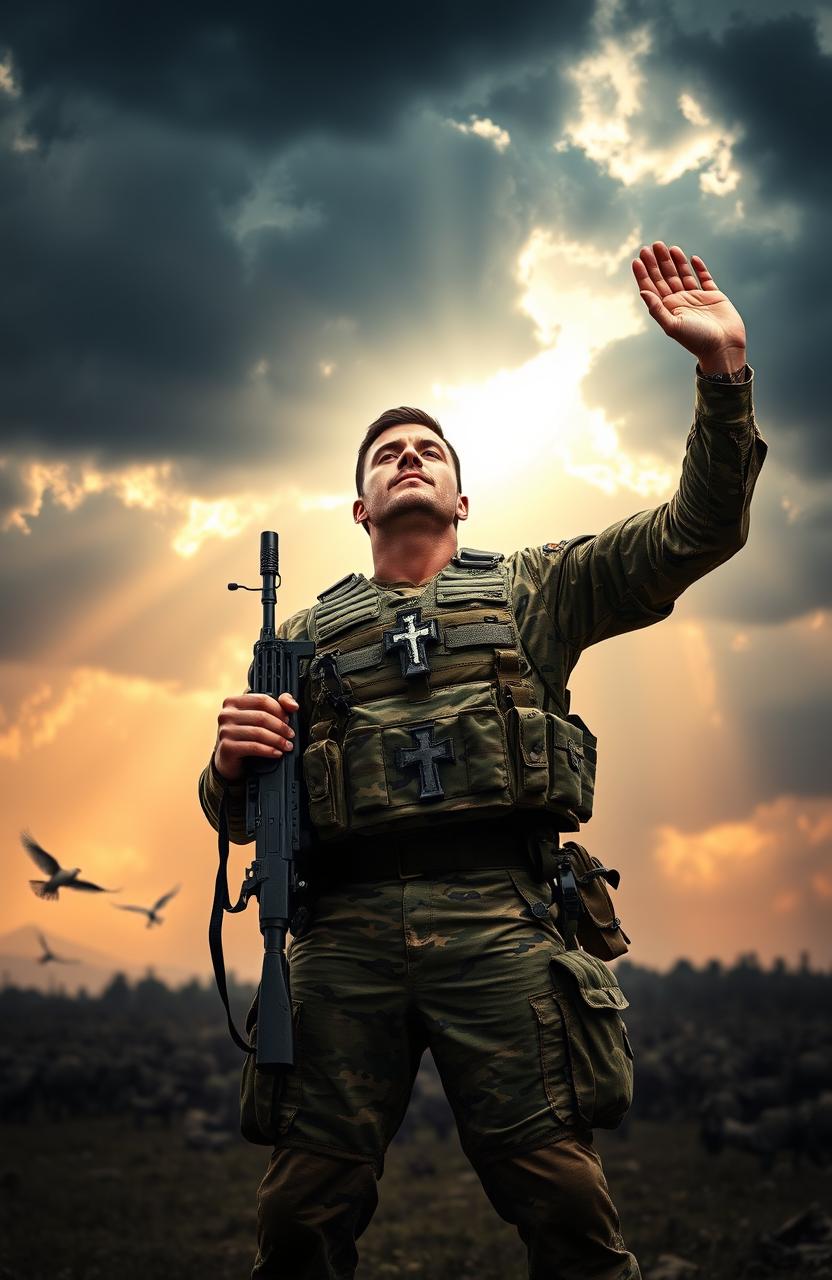 A strong and determined Christian soldier standing proudly in full military gear