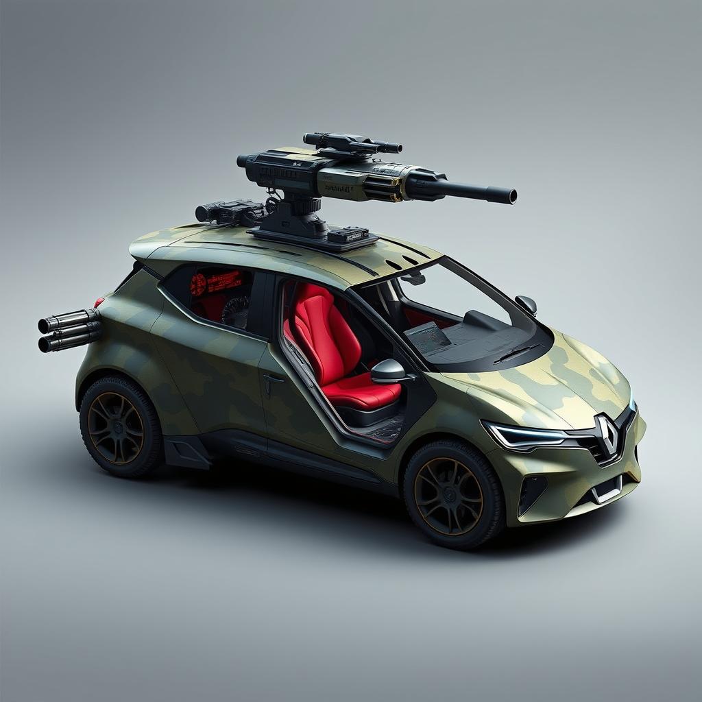 A futuristic military vehicle that creatively blends the compact design of the new Renault Clio with the iconic aesthetics of the Star Trek Enterprise