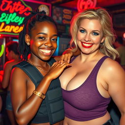 In a vibrant strip club setting, an engaging scene features a 20-year-old young African woman, very short and appearing malnourished, with dark skin and a bright smile showcasing somewhat unkempt teeth